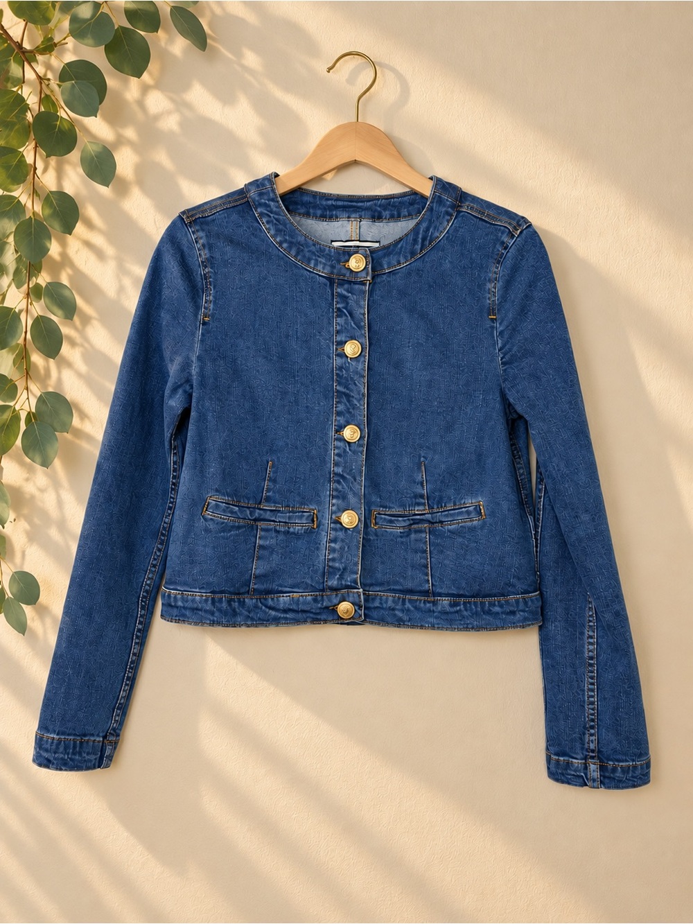 Bagatelle Collarless Dark Blue Denim Jacket with Gold Buttons
